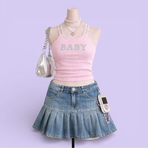 Vintage Y2K Pleated Denim Mini Skirt Rhinestone Button Red Herring XS